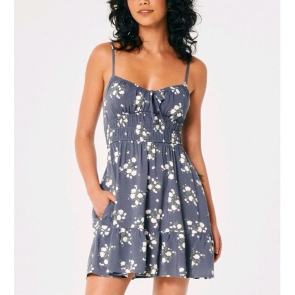 Hollister Blue Baby Doll Milkmaid Floral Coquette Mini Dress Size Small Cottage - Picture 8 of 8